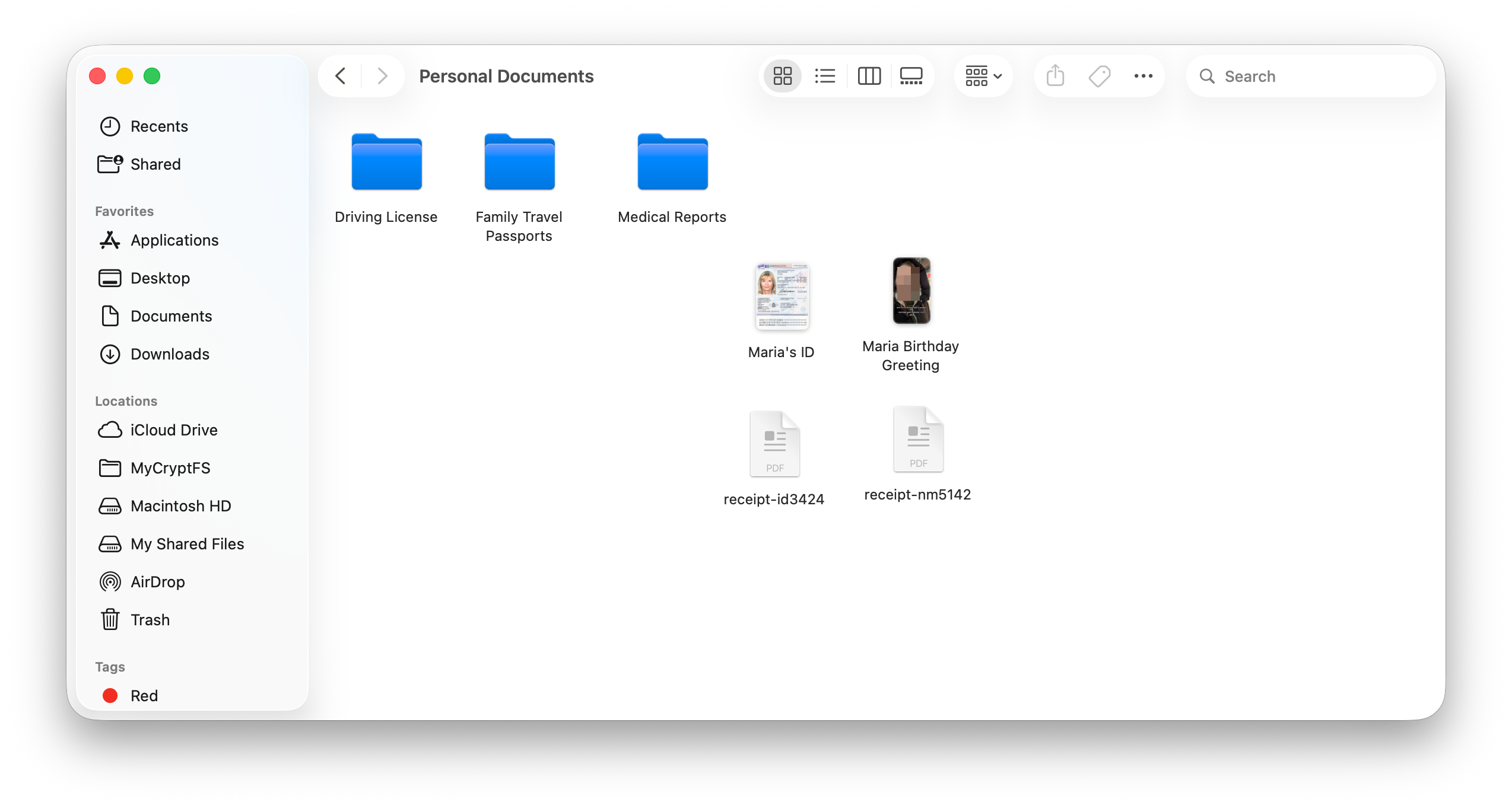Decrypted iCloud folder — filenames and content visible in Finder